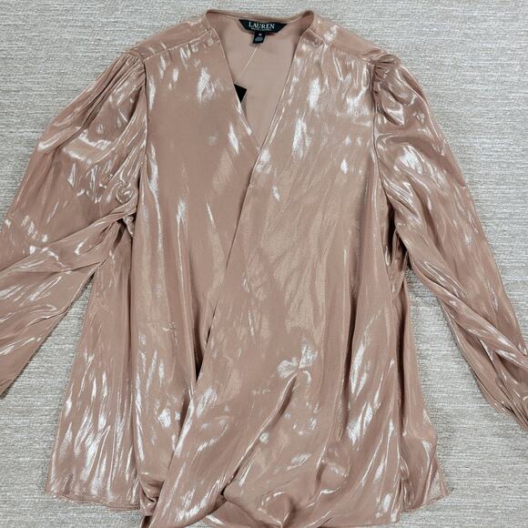 Lauren Ralph Lauren Metallic Blouse Womens M Liquid Pink Surplice Faux Wrap New - Picture 10 of 15